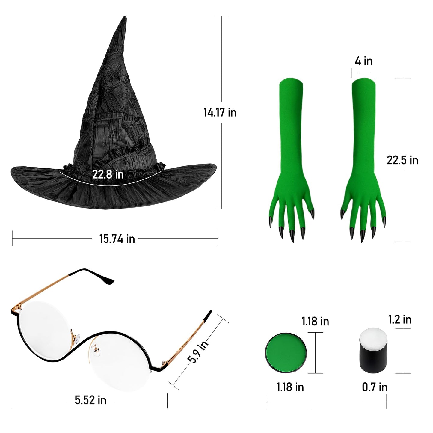 Halloween Witch Costume Set – 5PCS Elphaba Cosplay Kit with Witch Hat, Green Gloves, Glasses & Face Paint | Wicked Costume for Women, Teens, Kids, Halloween Party & Cosplay