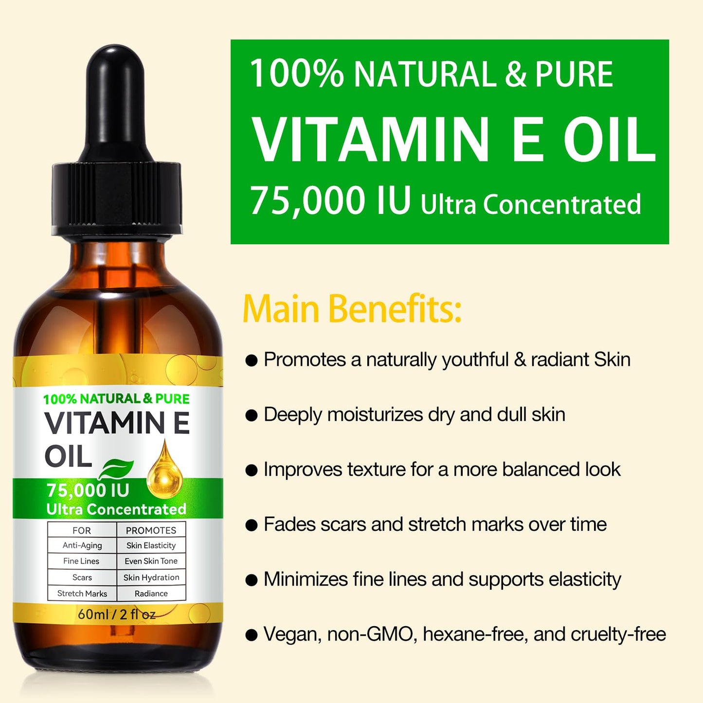 Natural Vitamin E Oil for Skin, 75,000 IU Ultra Concentrated Vitamin E Oil for Face, Hair and Scars, Moisturizing Dry Skin Oils, Promotes Skin Elasticity