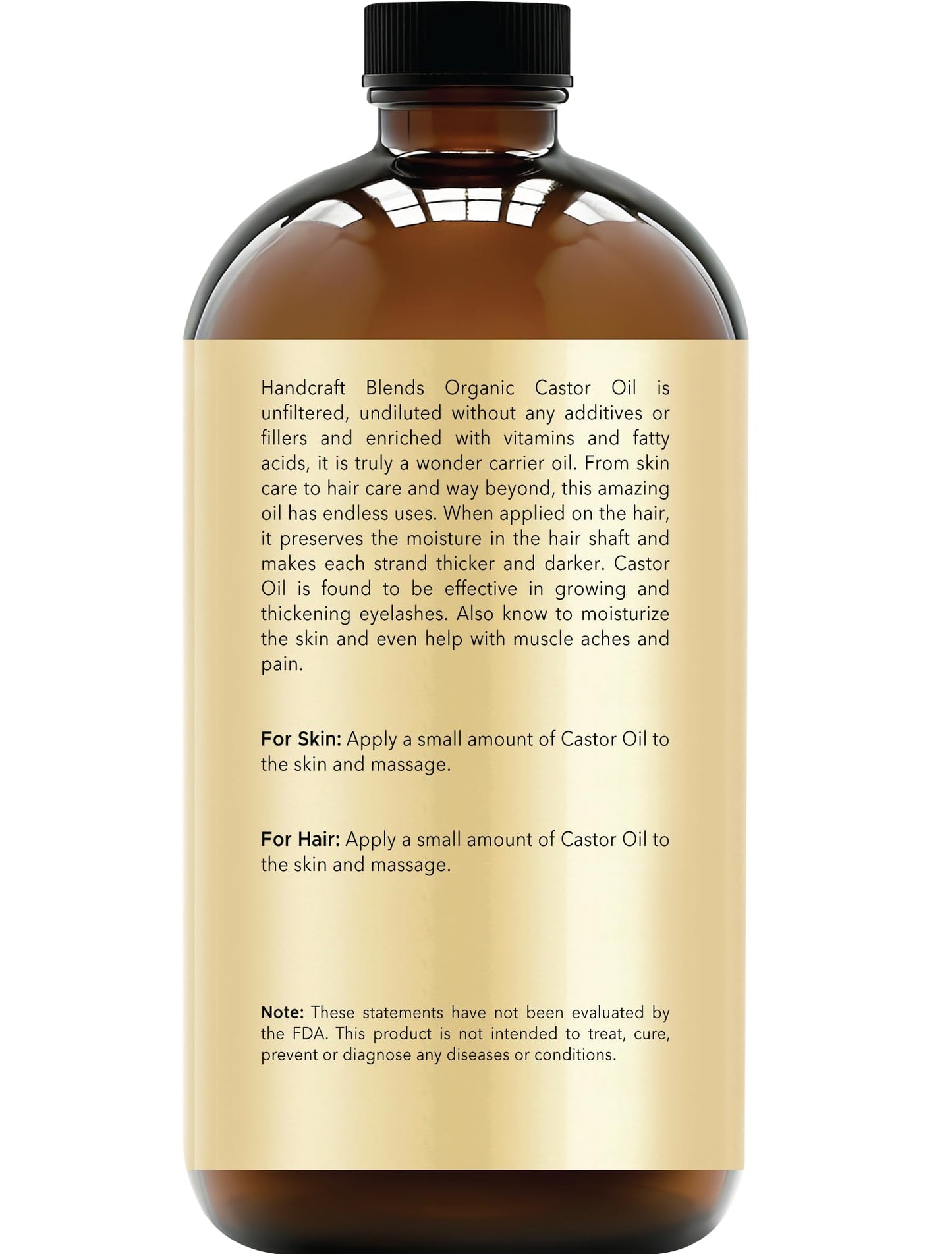 Handcraft Blends Cold-Pressed Organic Castor Oil in Glass Bottle - 16 Fl Oz - 100% Pure and Natural - Premium Grade Carrier Oil for Hair Growth, Eyelashes and Eyebrows - Hair and Body