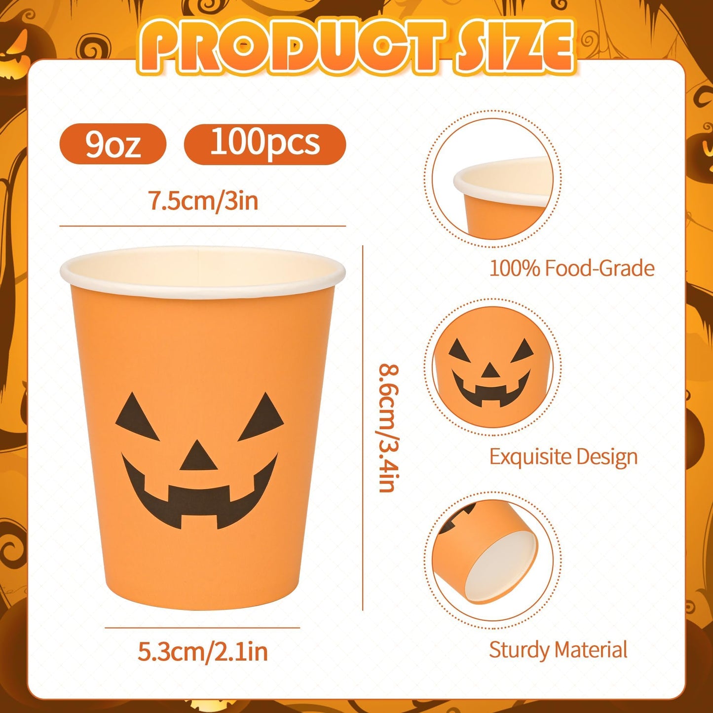 100Pcs Halloween Pumpkin Cups - Disposable Paper Cups, 9oz Orange, Two Styles Jack O Lantern Pumpkin Face, Hot & Cold Beverage Cups for Halloween Party