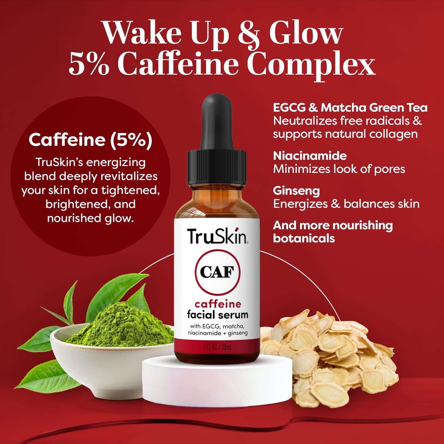 Caffeine Face & Eye Serum – Energizing 5% Caffeine Serum with EGCG Niacinamide Matcha and Ginseng – Improve Look of Under Eye Dark Circles and Puffiness, 1 fl oz