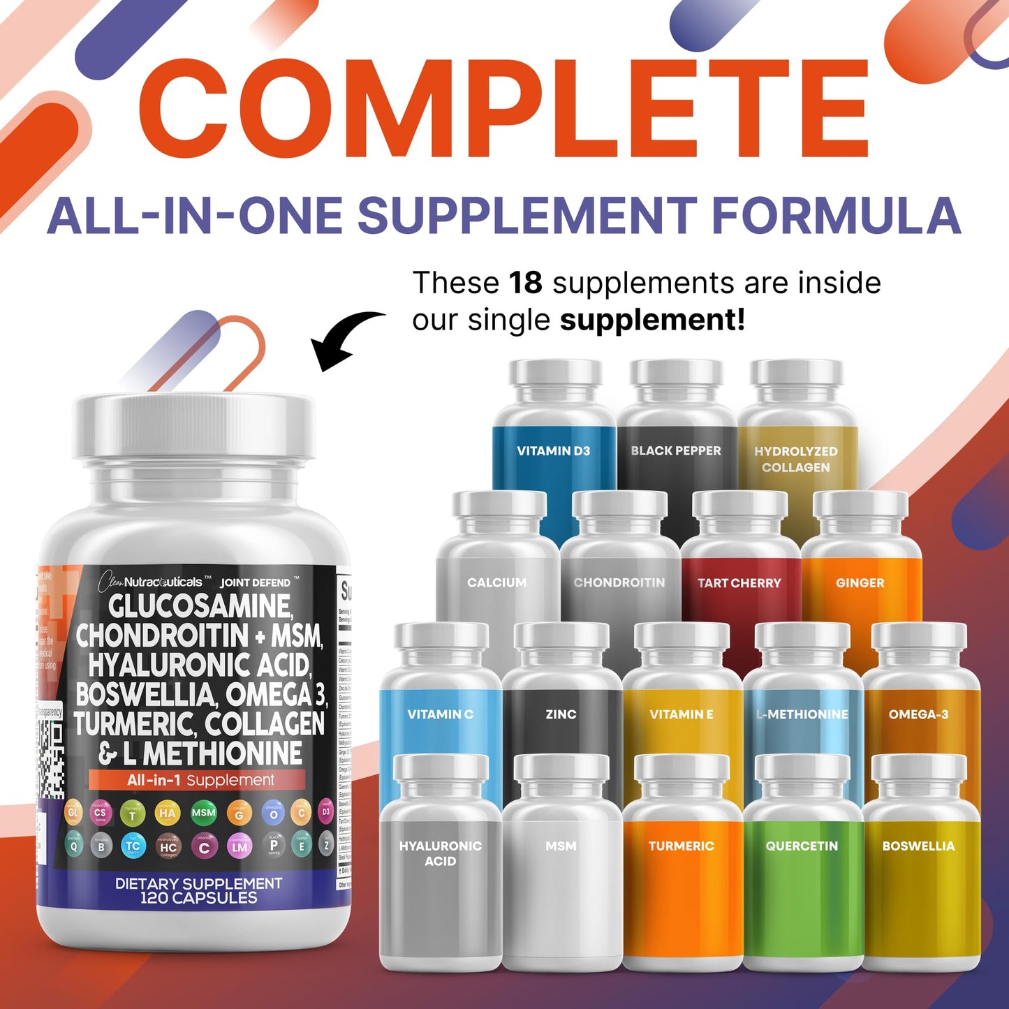 Clean Nutraceuticals Glucosamine Chondroitin MSM 1500mg with Turmeric Curcumin, Collagen, Hyaluronic Acid, Omega 3 – Joint Health Supplement for Men & Women – Joint Complex – 120 Count