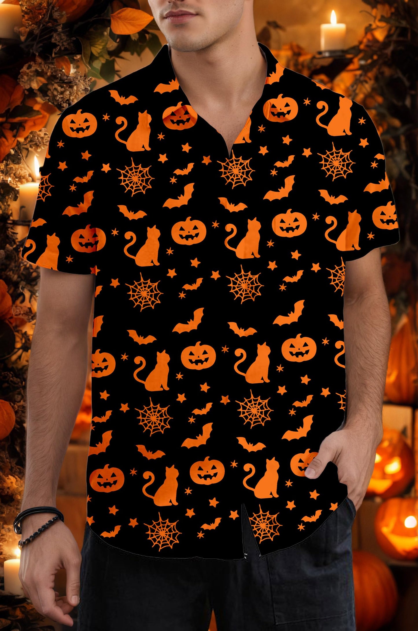 Men's Halloween Shirt Fun Pumpkins Printed Tshirt Short Sleeve Button Down Hawaiian Holiday Shirts