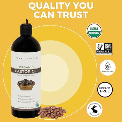 Cold pressed Organic Castor Oil 16 fl oz - Castor Oil for Face, Eyelashes, Traditional Eyebrow Serum, Hair Oil - Certified Organic & Non-GMO