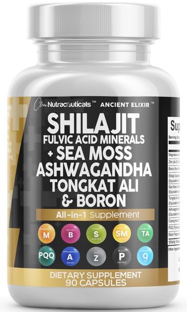 Shilajit Supplement for Men with Sea Moss, Tongkat Ali, Ashwagandha, Boron, Zinc, CoQ10, PQQ - Fulvic Acid Capsules - Energy Support - 90 Count - Resin, Gummy & Powder Alternative