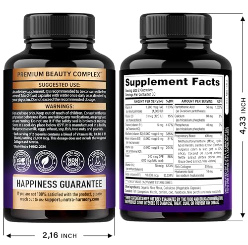 Biotin | Collagen | Hyaluronic Acid | Keratin - Clinically Tested Supplement - Hair Growth Support, Skin & Nails - 25000 mcg Vitamins B2, B3, B6 & B7 + B1 - Made in USA - Women & Men | 60 Capsules