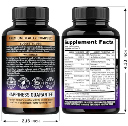 Biotin | Collagen | Hyaluronic Acid | Keratin - Clinically Tested Supplement - Hair Growth Support, Skin & Nails - 25000 mcg Vitamins B2, B3, B6 & B7 + B1 - Made in USA - Women & Men | 60 Capsules