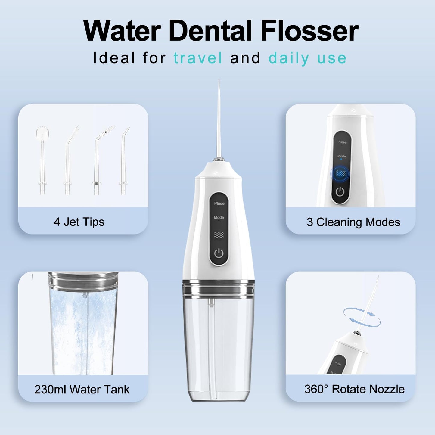 Portable Water Dental Flosser with 4 Jet Tip, 3 Mode Cordless Rechargeable Teeth Cleaner, Powerful Waterproof Dental Floss for Home Travel
