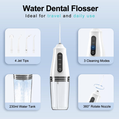 Portable Water Dental Flosser with 4 Jet Tip, 3 Mode Cordless Rechargeable Teeth Cleaner, Powerful Waterproof Dental Floss for Home Travel