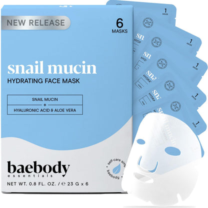 Baebody Snail Mucin Face Sheet Mask (6 pcs) - Anti Aging and Moisturizing Face Mask with Hyaluronic Acid - Deep Hydration for Youthful Skin
