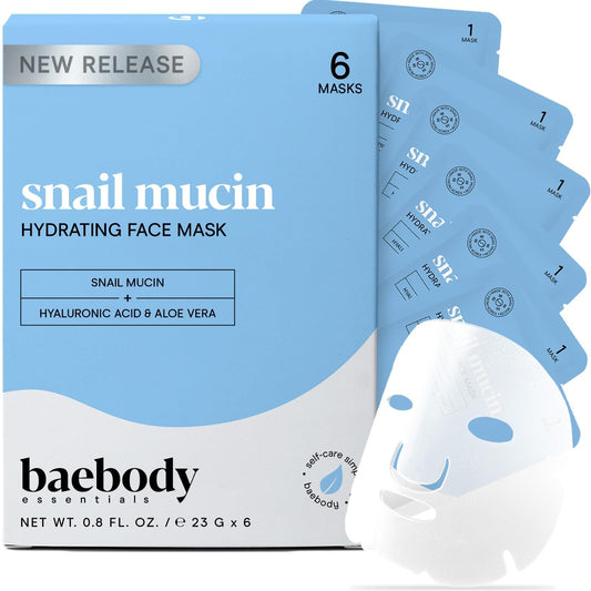 Baebody Snail Mucin Face Sheet Mask (6 pcs) - Anti Aging and Moisturizing Face Mask with Hyaluronic Acid - Deep Hydration for Youthful Skin