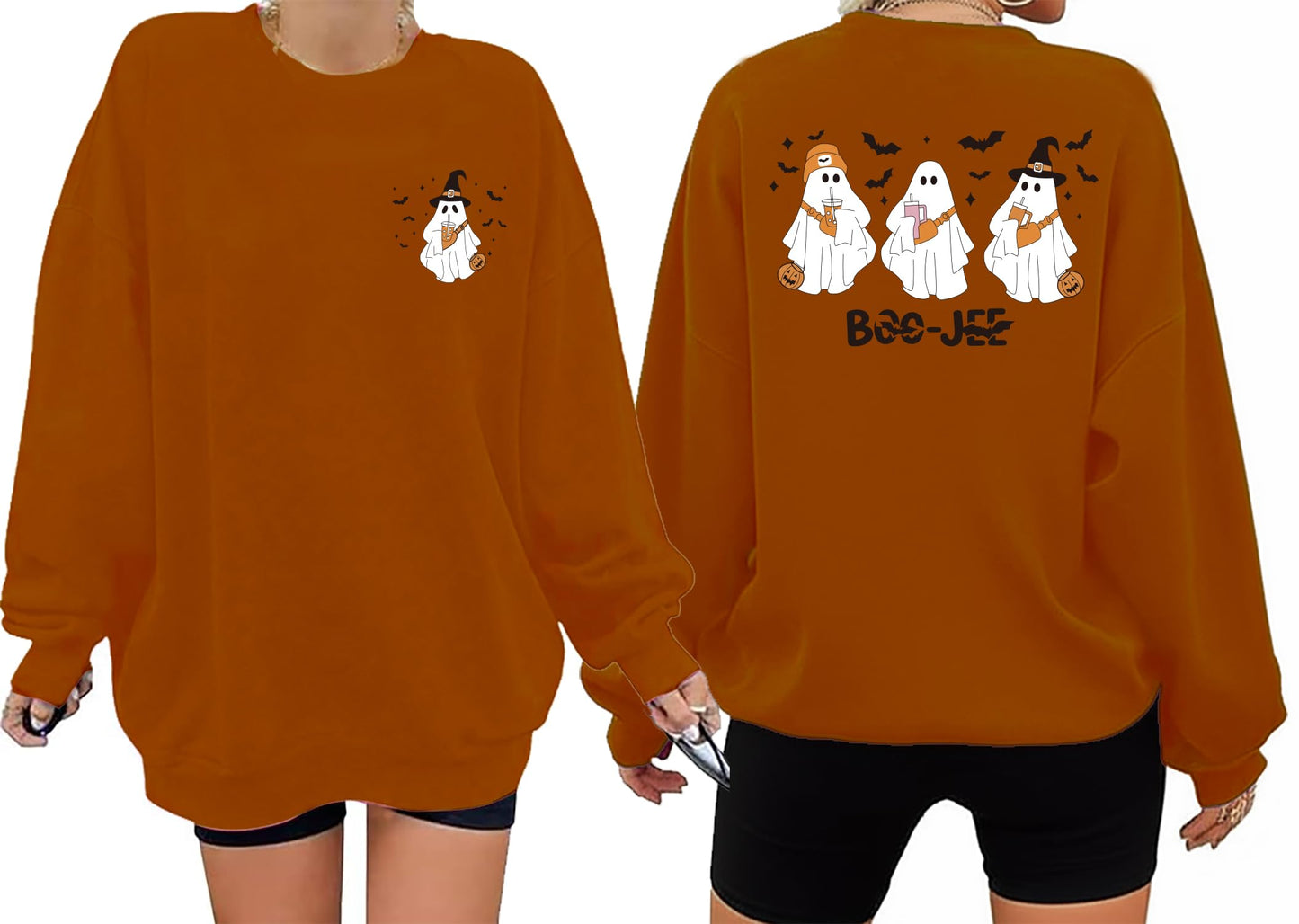 Halloween Sweatshirts for Women Cute Ghost Spooky Season Sweatshirt Long Sleeve Crewneck Graphic Tees Khaki