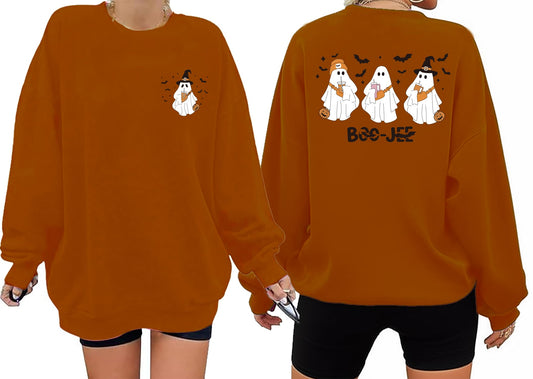 Halloween Sweatshirts for Women Cute Ghost Spooky Season Sweatshirt Long Sleeve Crewneck Graphic Tees Khaki