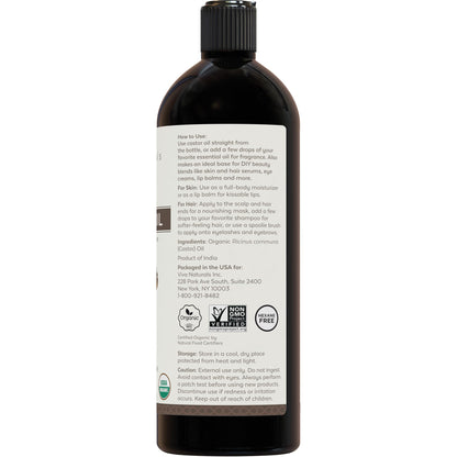 Cold pressed Organic Castor Oil 16 fl oz - Castor Oil for Face, Eyelashes, Traditional Eyebrow Serum, Hair Oil - Certified Organic & Non-GMO