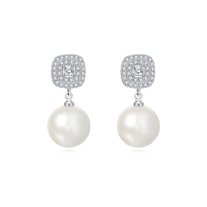 Shell Pearl Earrings White Sterling Silver Dangling Drop with Velvet Gift Box