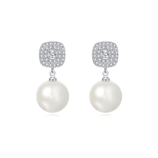 Shell Pearl Earrings White Sterling Silver Dangling Drop with Velvet Gift Box