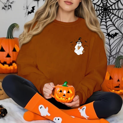 Halloween Sweatshirts for Women Cute Ghost Spooky Season Sweatshirt Long Sleeve Crewneck Graphic Tees Khaki