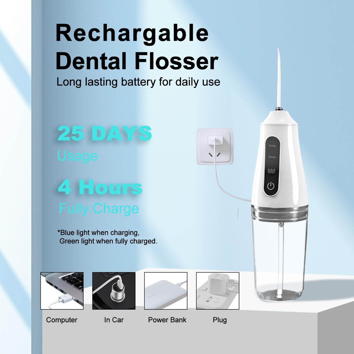 Portable Water Dental Flosser with 4 Jet Tip, 3 Mode Cordless Rechargeable Teeth Cleaner, Powerful Waterproof Dental Floss for Home Travel