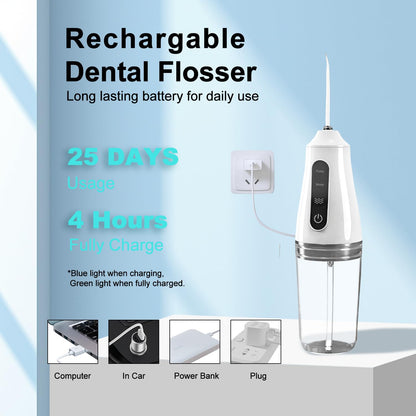 Portable Water Dental Flosser with 4 Jet Tip, 3 Mode Cordless Rechargeable Teeth Cleaner, Powerful Waterproof Dental Floss for Home Travel