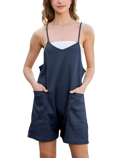 Rompers for Women Summer Casual Waffle Knit Sleeveless Romper Spaghetti Strap Shorts Overalls Jumpsuit with Pockets