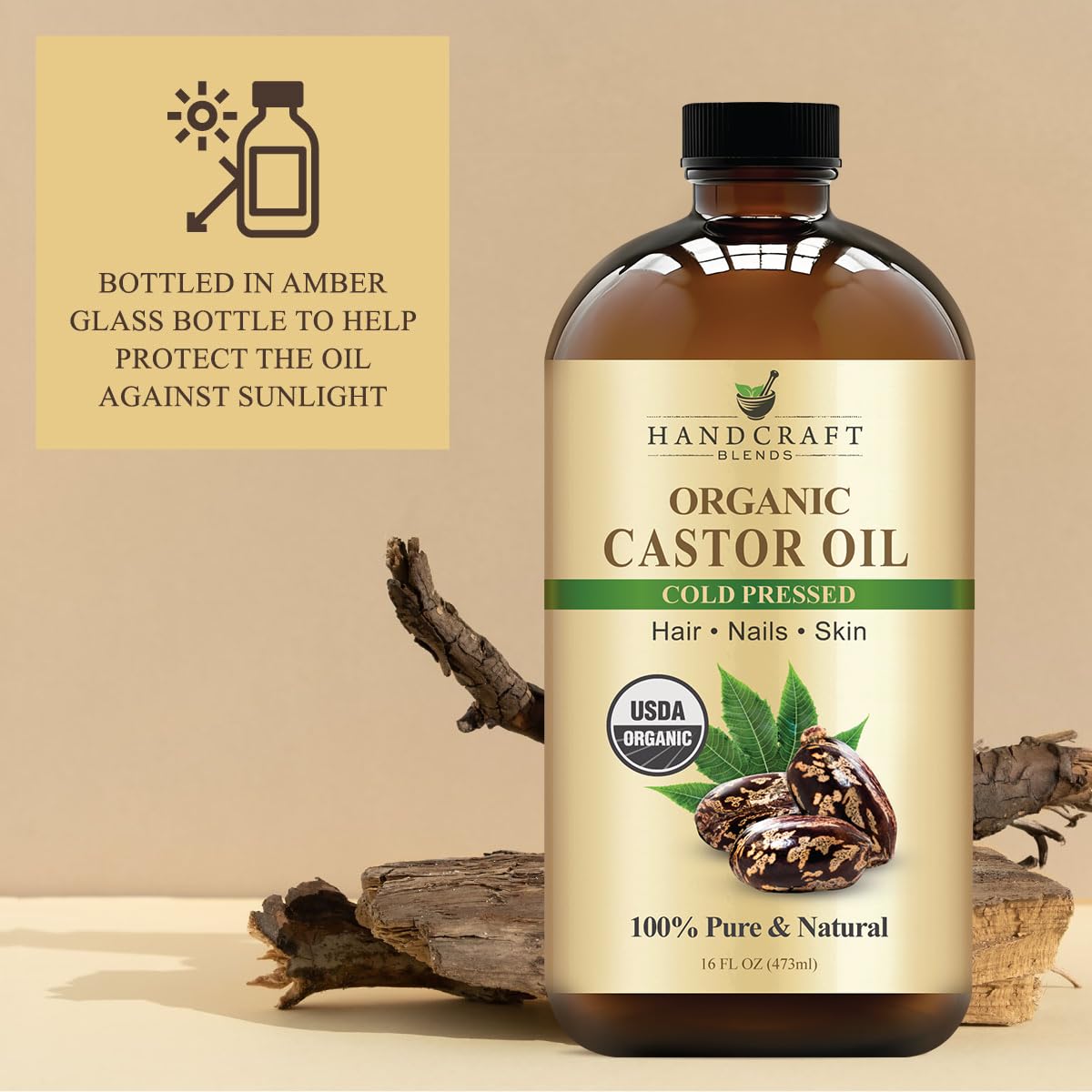 Handcraft Blends Cold-Pressed Organic Castor Oil in Glass Bottle - 16 Fl Oz - 100% Pure and Natural - Premium Grade Carrier Oil for Hair Growth, Eyelashes and Eyebrows - Hair and Body