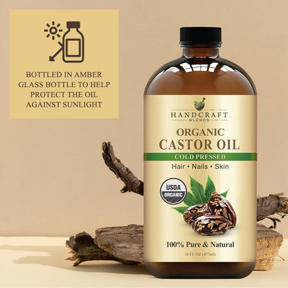 Handcraft Blends Cold-Pressed Organic Castor Oil in Glass Bottle - 16 Fl Oz - 100% Pure and Natural - Premium Grade Carrier Oil for Hair Growth, Eyelashes and Eyebrows - Hair and Body