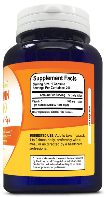 Vitamin C with Rose HIPS 500 mg, 200 Capsules