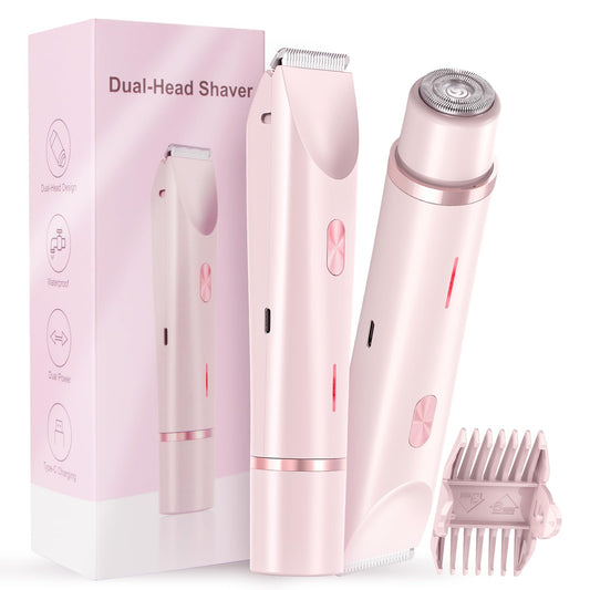 Women Bikini Trimmer, Dual-Head Hair Trimmer for Women,2-in-1 Bikini Shaver with Ceramic Blade Heads & Type-C Charging Port, Electric Razors for Women Pubic Hair,Underarms,Legs,Arms,Face (Light Pink)