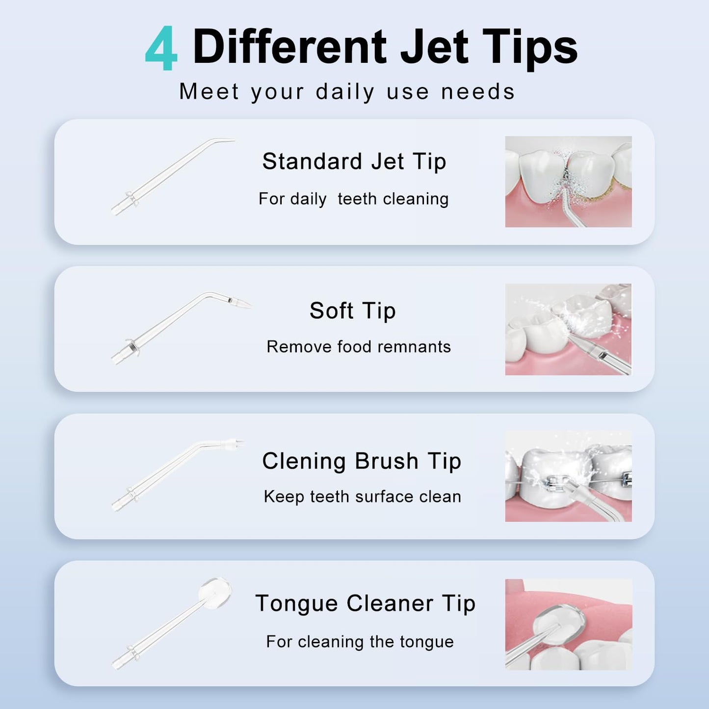 Portable Water Dental Flosser with 4 Jet Tip, 3 Mode Cordless Rechargeable Teeth Cleaner, Powerful Waterproof Dental Floss for Home Travel