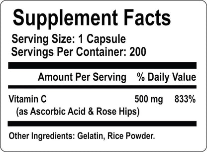 Vitamin C with Rose HIPS 500 mg, 200 Capsules