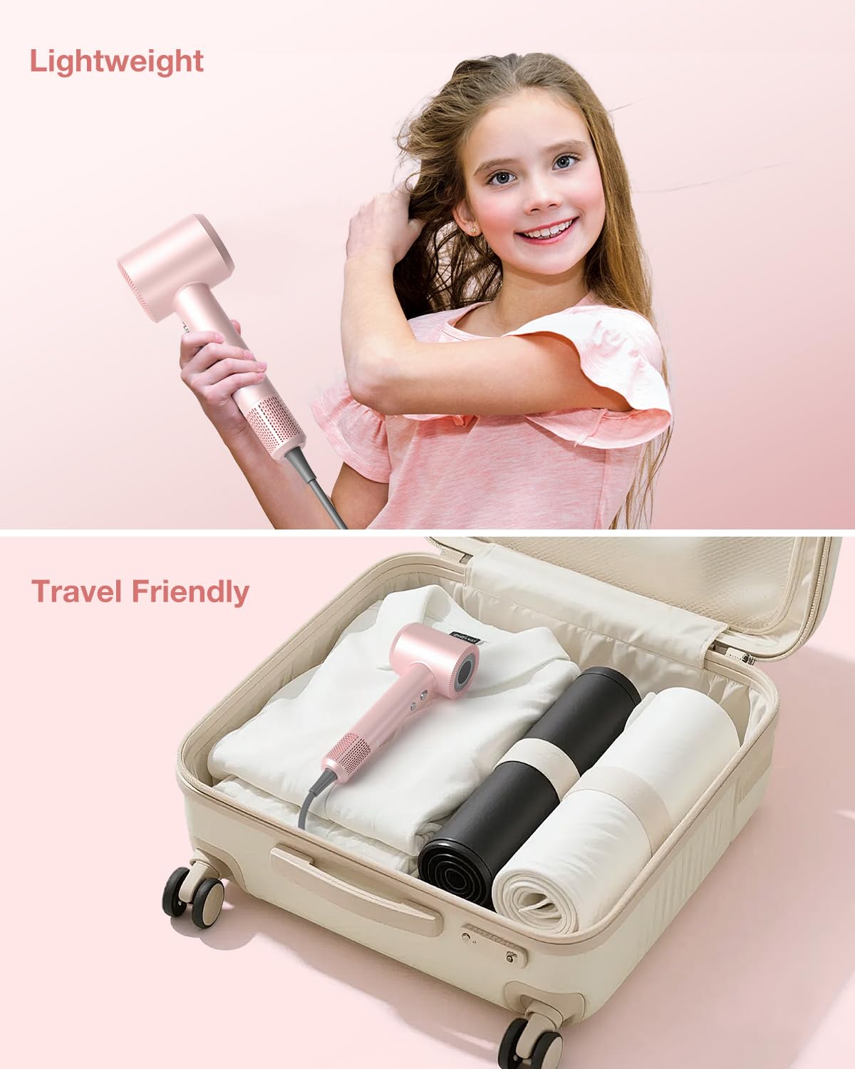 Hair Dryer, High-Speed Ionic Low Noise Blow Dryer with 160000 RPM Motor for Fast Drying, Thermo-Control Portable Hair Blow Dryer with Magnetic Nozzle for Home Travel Salon (Pink)