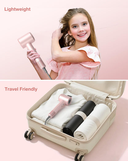 Hair Dryer, High-Speed Ionic Low Noise Blow Dryer with 160000 RPM Motor for Fast Drying, Thermo-Control Portable Hair Blow Dryer with Magnetic Nozzle for Home Travel Salon (Pink)
