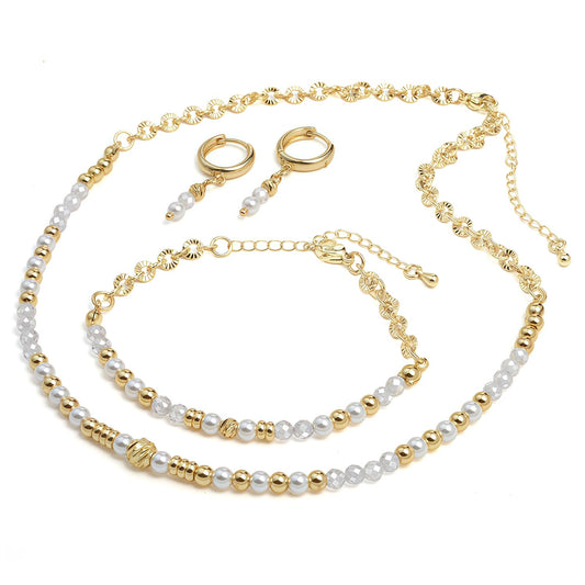 Beaded Women's Jewelry Set - Gold Plated Necklace & Hoop Dangle Earrings & Bracelet for Women, Luxury Vintage Fashion Accessories, Gold-Clear