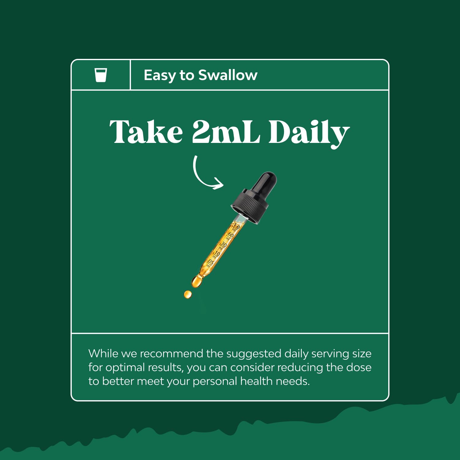 Herbal lymphatic drainage drops instruction to take 2mL daily for optimal health support.