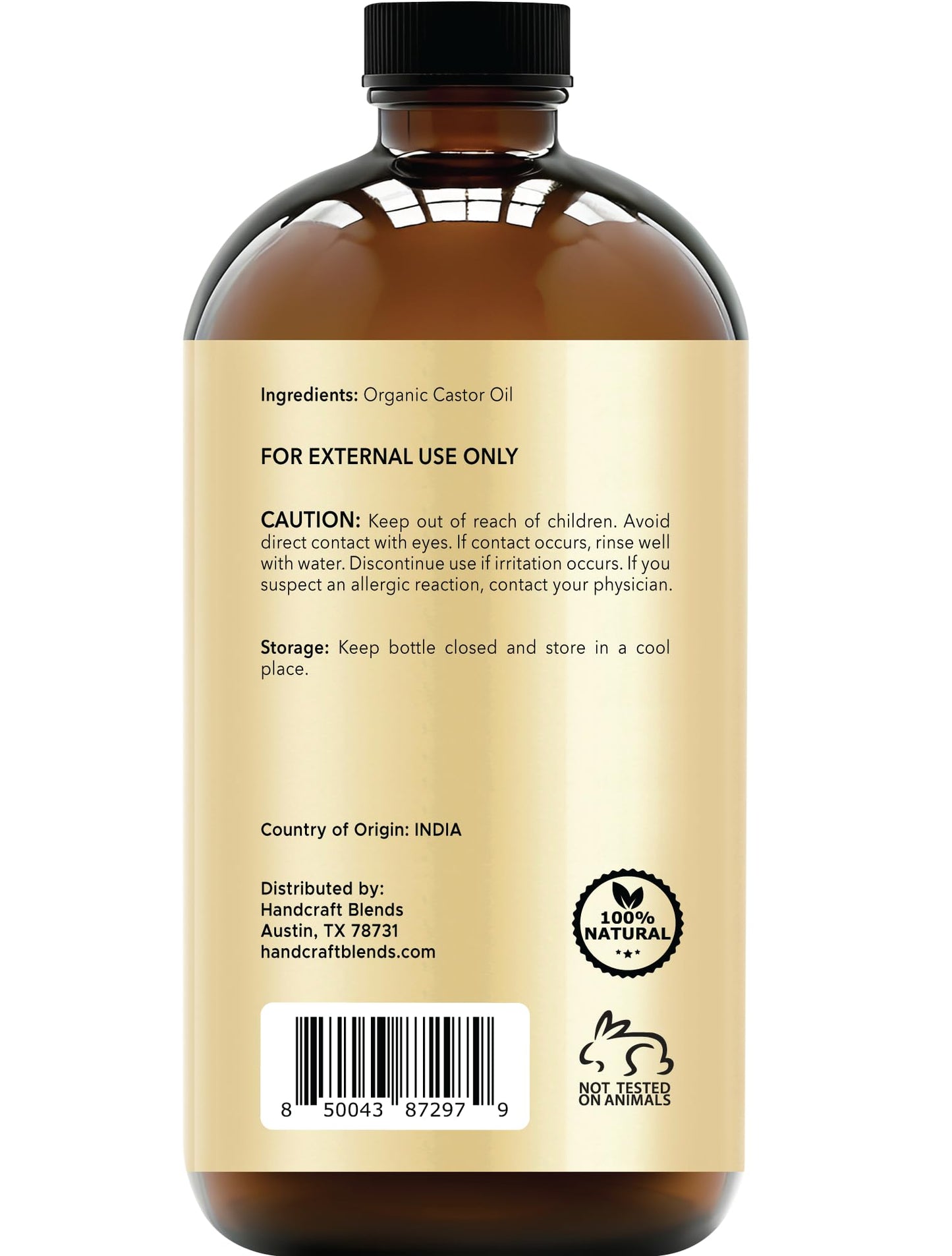 Handcraft Blends Cold-Pressed Organic Castor Oil in Glass Bottle - 16 Fl Oz - 100% Pure and Natural - Premium Grade Carrier Oil for Hair Growth, Eyelashes and Eyebrows - Hair and Body