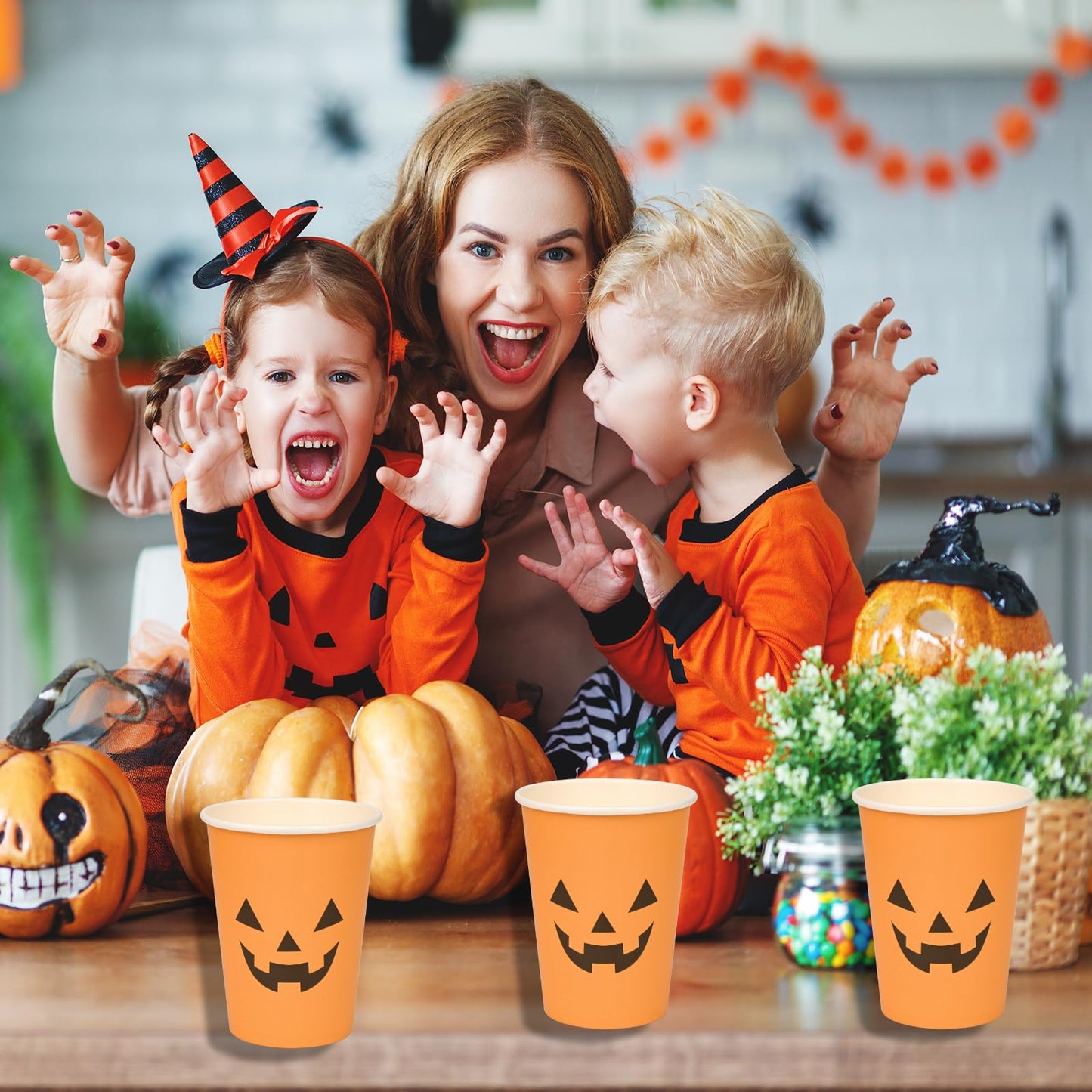 100Pcs Halloween Pumpkin Cups - Disposable Paper Cups, 9oz Orange, Two Styles Jack O Lantern Pumpkin Face, Hot & Cold Beverage Cups for Halloween Party