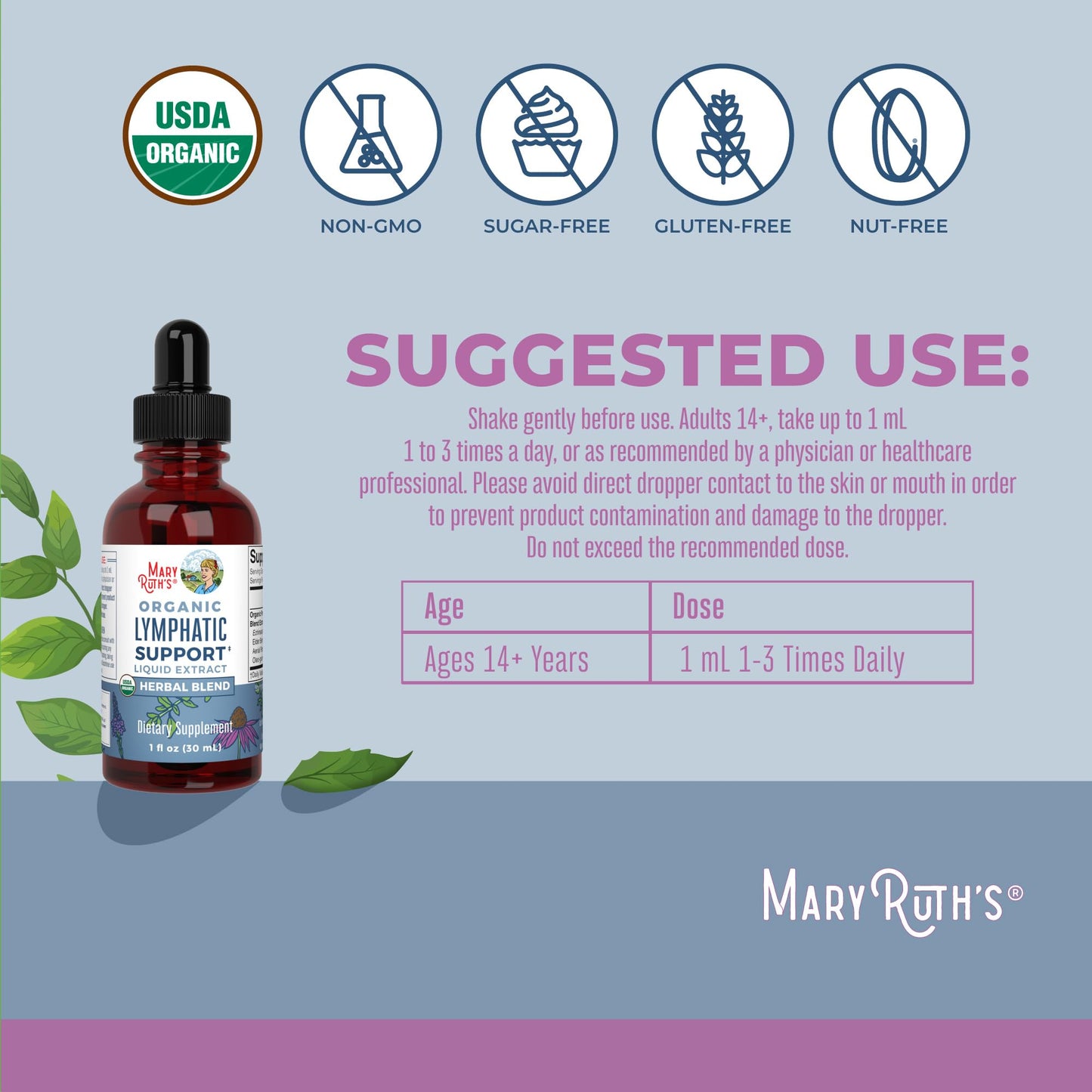 MaryRuth Organics Lymphatic Support Drops | USDA Organic Lymphatic Cleanse Immune Support Supplement| Lymphatic Support with Echinacea & Elderberry | Blue Vervain | Vegan | Non-GMO | 30 Servings