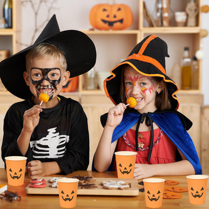 100Pcs Halloween Pumpkin Cups - Disposable Paper Cups, 9oz Orange, Two Styles Jack O Lantern Pumpkin Face, Hot & Cold Beverage Cups for Halloween Party