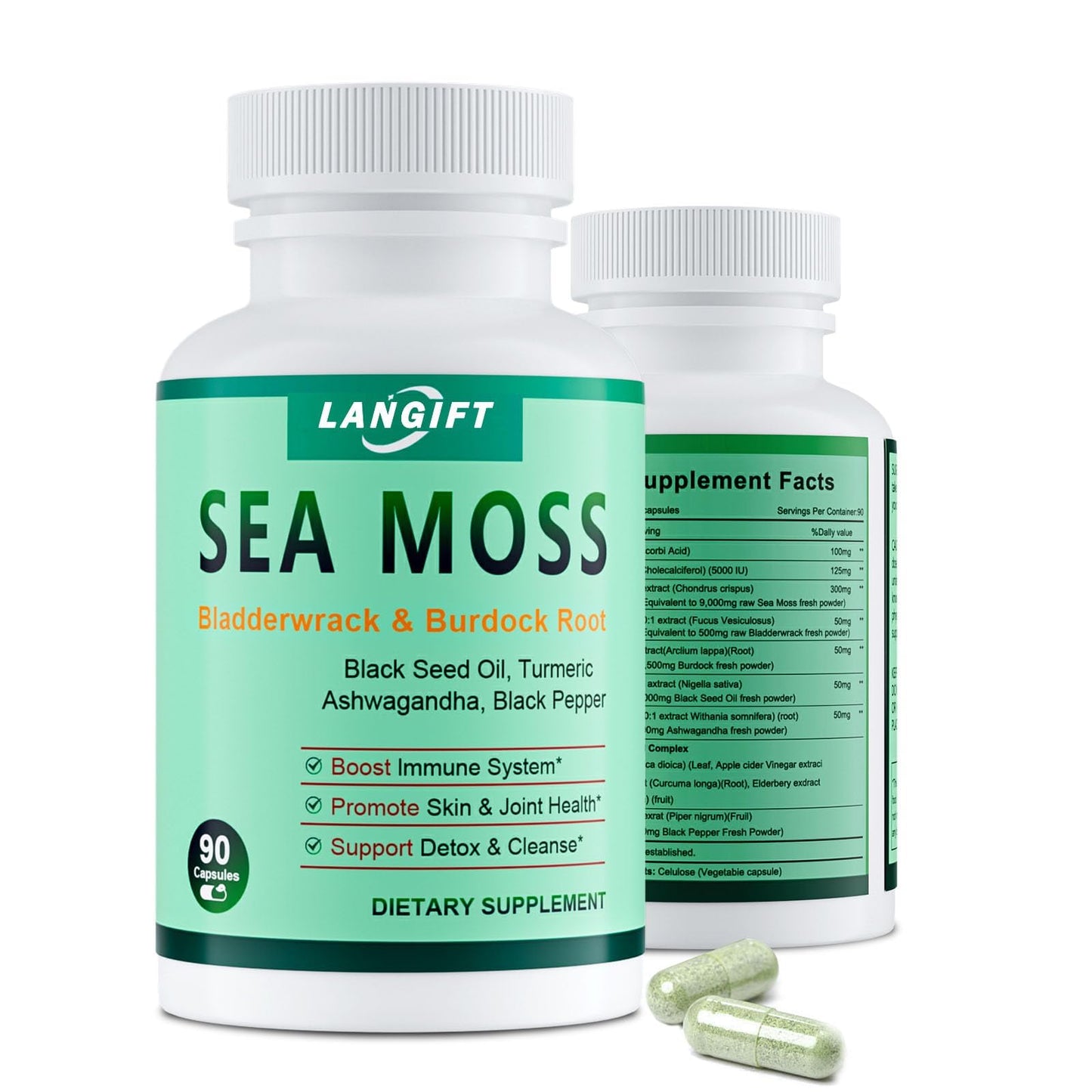 Sea Moss Capsules Advanced with Burdock Root, Bladderwrack & Muira Puama for Immunity, Anti-Aging & Joint Supplement - Superfood Sea Moss Supplements w/Black Seed Oil, for Men and Women-9000mg