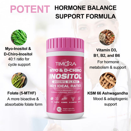 TIMORA Premium 10-in-1 Myo-inositol & D-Chiro Inositol Supplement for Women, Small Capsules for Hormone Balance & Ovarian Support, Skin Health, Plus Folate and Vitamin D - Ideal 40:1 Ratio