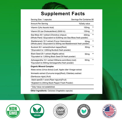 Sea Moss Capsules Advanced with Burdock Root, Bladderwrack & Muira Puama for Immunity, Anti-Aging & Joint Supplement - Superfood Sea Moss Supplements w/Black Seed Oil, for Men and Women-9000mg