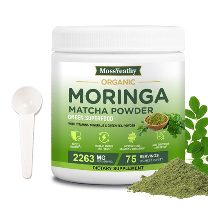 Moringa Powder Organic with Matcha, Green Teas & Resveratrol, 8 OZ Superfood Energy Booster, Antioxidant & Immune Support, Vegan, Gluten Free, Easy-to-Mix (1 Pack)