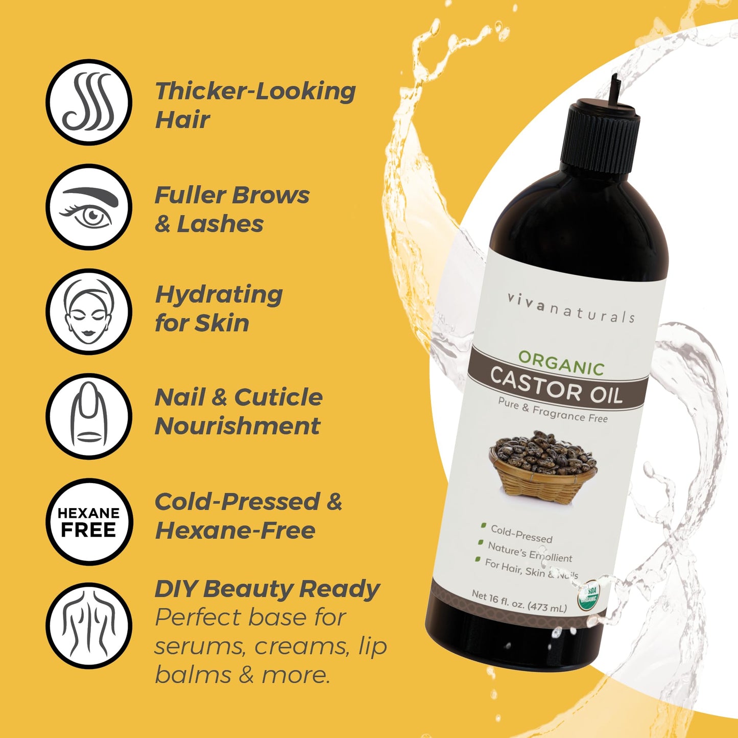 Cold pressed Organic Castor Oil 16 fl oz - Castor Oil for Face, Eyelashes, Traditional Eyebrow Serum, Hair Oil - Certified Organic & Non-GMO