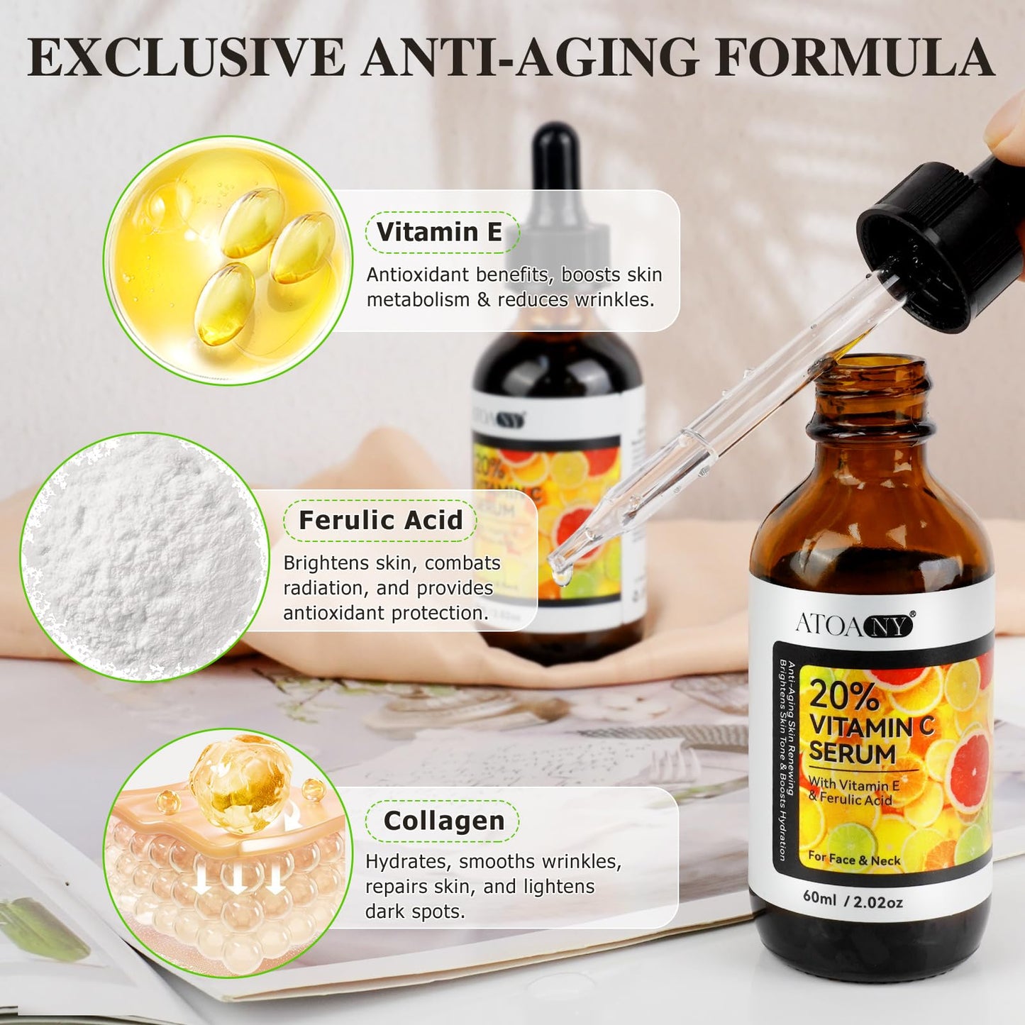 Vitamin C Serum For Face & Neck, Anti Aging & Wrinkle Facial Serum with Vitamin C, Ferulic Acid, Vitamin E, Boost Skin Collagen,Hydrate & Plump Skin, 60ml