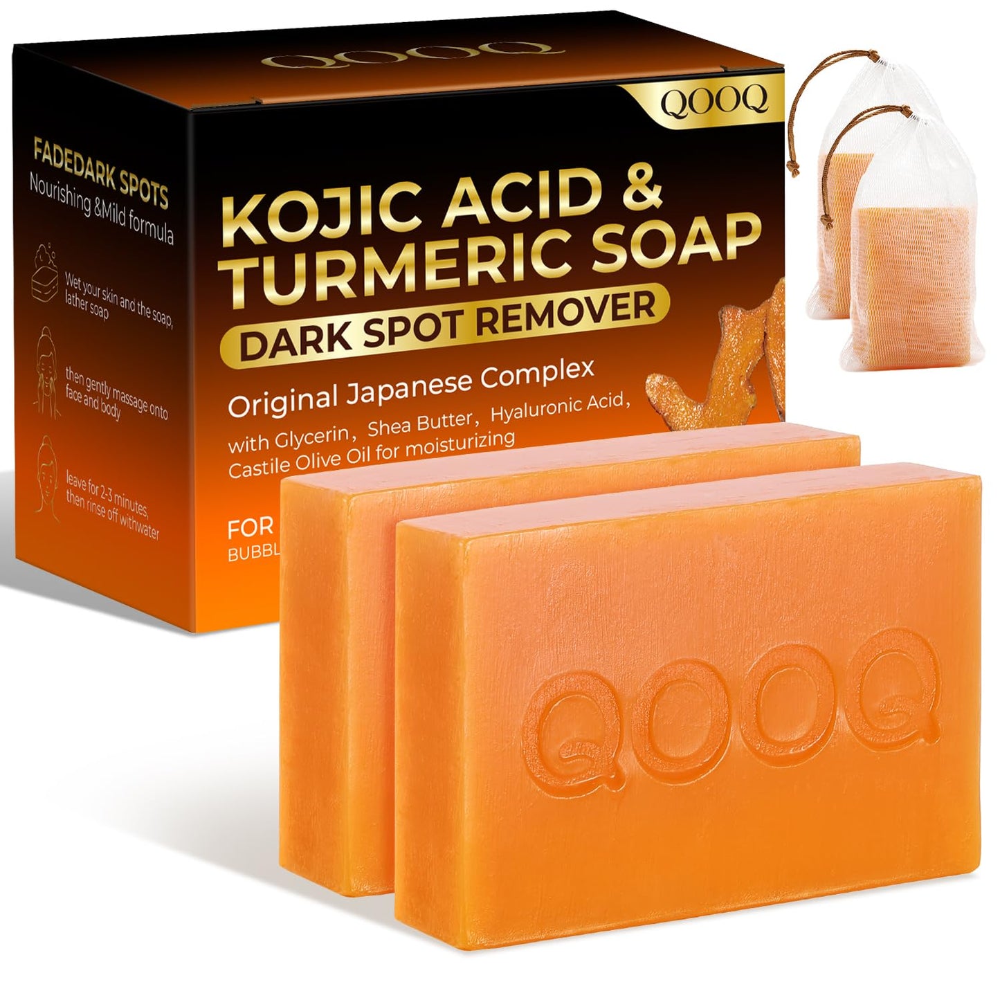 Turmeric Kojic Acid Soap for Dark Spots Brightening – Face and Body Wash with Vitamin C, Retinol, Collagen, Vitamin E, Glycerin, Shea Butter & Castile Olive Oil – Soap for Women & Men (120g x 2)
