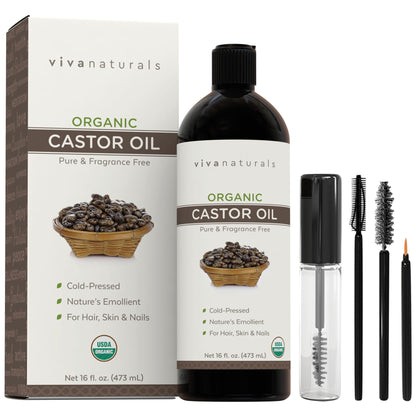 Cold pressed Organic Castor Oil 16 fl oz - Castor Oil for Face, Eyelashes, Traditional Eyebrow Serum, Hair Oil - Certified Organic & Non-GMO
