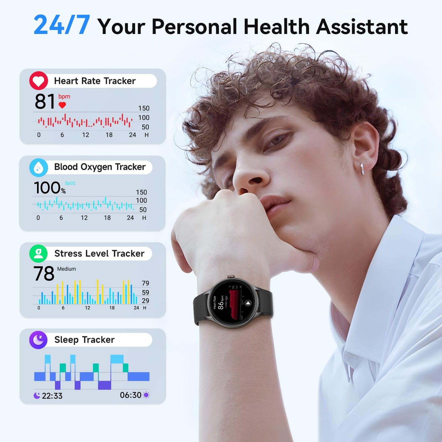 Fitpolo Smart Watches for Men/Women (2 Bands), 1.27" Round Smartwatch Fitness Tracker with Bluetooth Calls (Make/Answer), Heart Rate/SpO2/Sleep Monitor, 7 Days Battery, IP68 Waterproof - Black