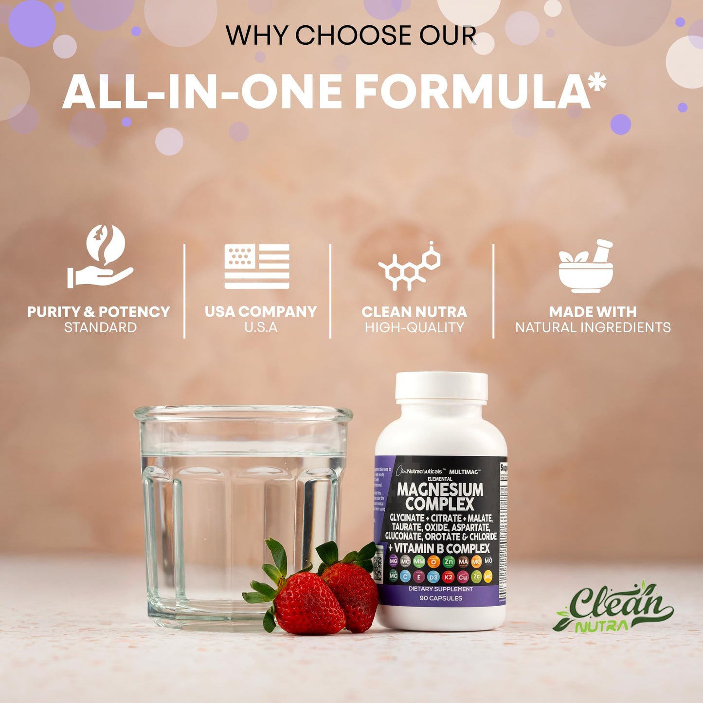 Clean Nutraceuticals Magnesium Complex with Magnesium Glycinate Citrate Malate Oxide Taurate Aspartate Orotate & Mag Chloride, Zinc Copper Manganese & Vitamin C B1 B2 B6 B12 Complex - 1Pack