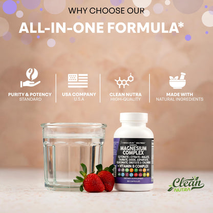 Clean Nutraceuticals Magnesium Complex with Magnesium Glycinate Citrate Malate Oxide Taurate Aspartate Orotate & Mag Chloride, Zinc Copper Manganese & Vitamin C B1 B2 B6 B12 Complex - 1Pack