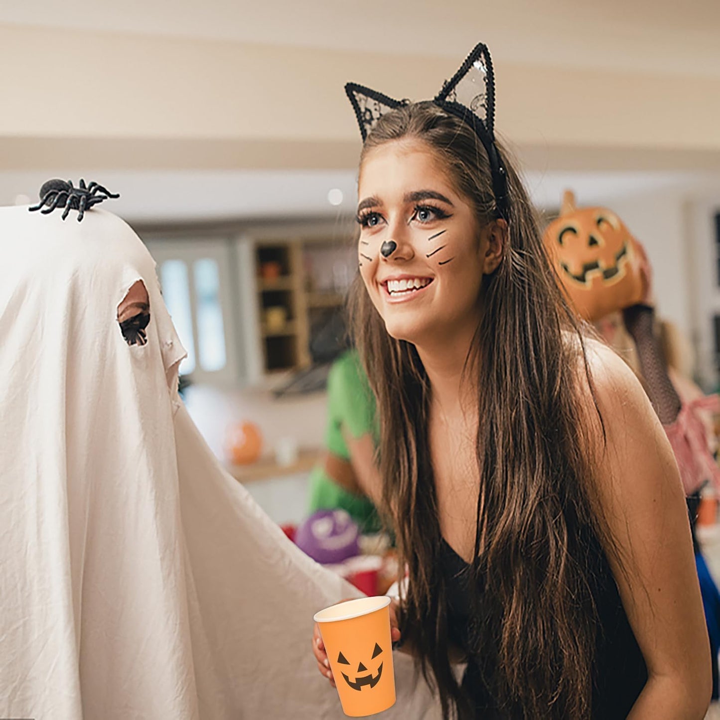 100Pcs Halloween Pumpkin Cups - Disposable Paper Cups, 9oz Orange, Two Styles Jack O Lantern Pumpkin Face, Hot & Cold Beverage Cups for Halloween Party